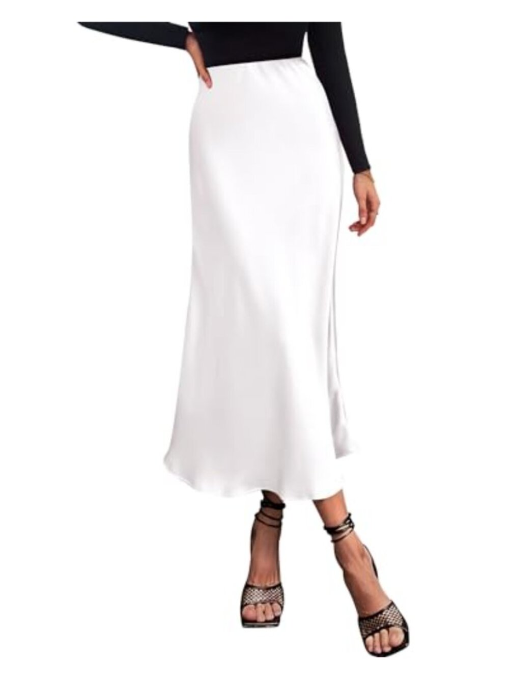 Silk Mid Skirt High Waist A-Line Flow Satin Women Work